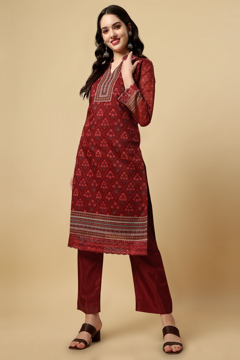 Maroon Chanderi Silk Digital Printed Unstitched Salwar Suit