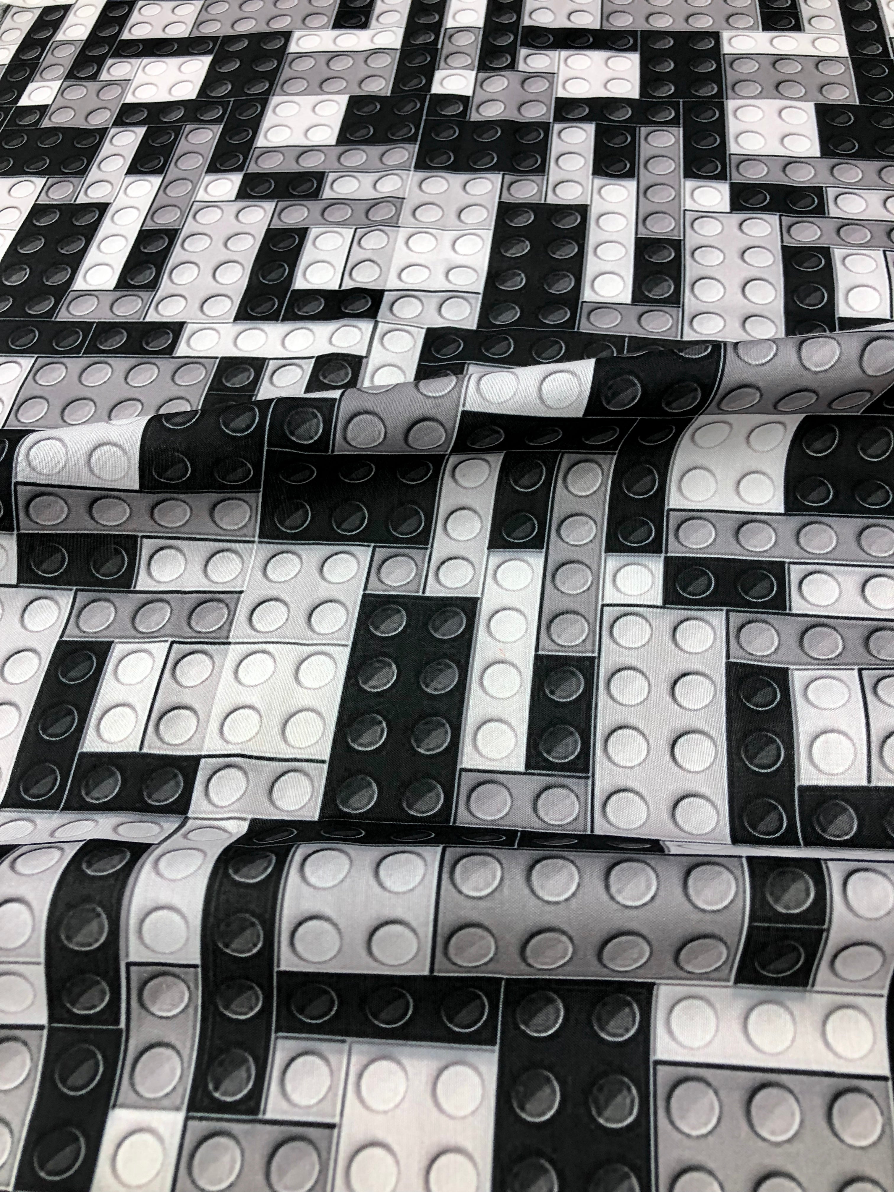Black and white Lego digital printed Polyester Muslin Fabric