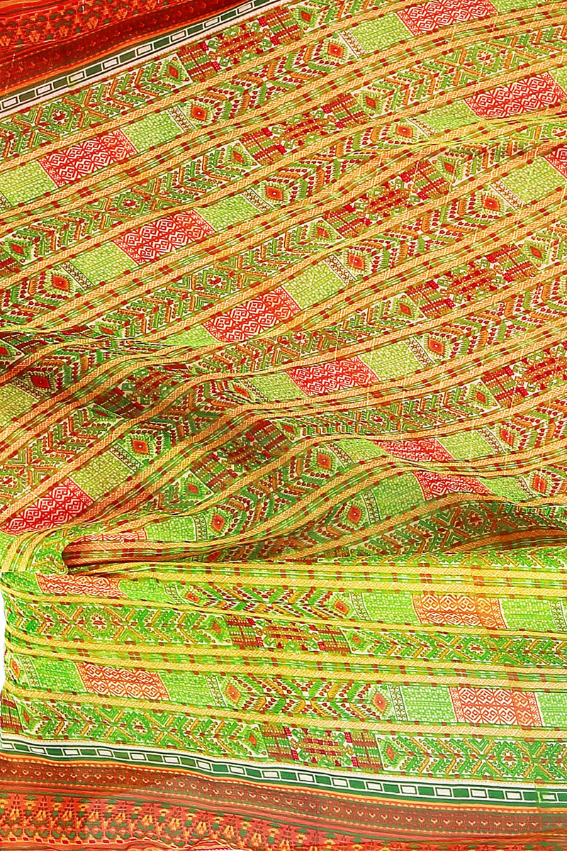 Green Color Kalamkari And Floral Printed Chiffon Dupatta With Tassels