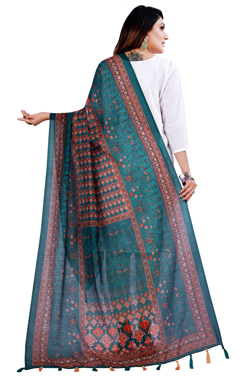 Teal Blue Ethnic Digital Printed Chanderi Silk Dupatta For Women