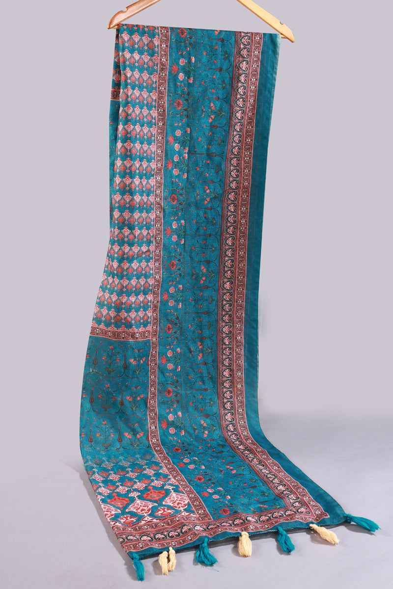 Teal Blue Ethnic Digital Printed Chanderi Silk Dupatta For Women