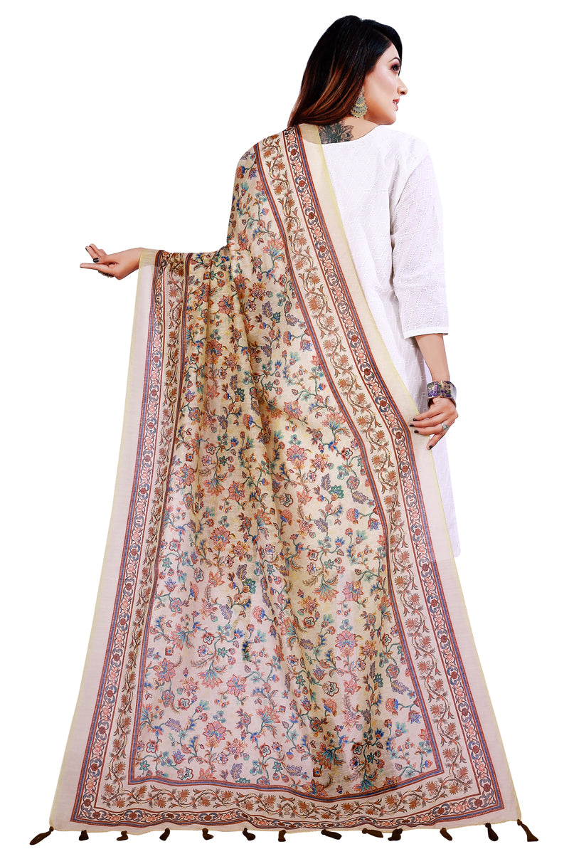 Beige Color Ethnic Floral Print Chanderi Silk Dupatta For Women