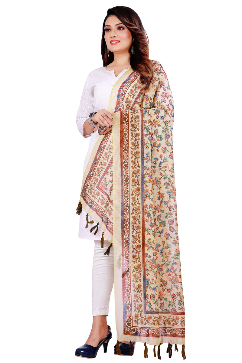 Beige Color Ethnic Floral Print Chanderi Silk Dupatta For Women