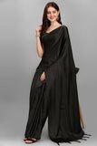 Black Soft Satin Silk Function Wear Plain Tassels Saree