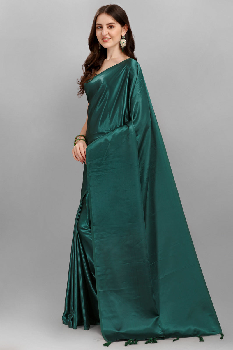 Soft Satin Silk Function Wear Plain Tassels Saree In Dark Green Color