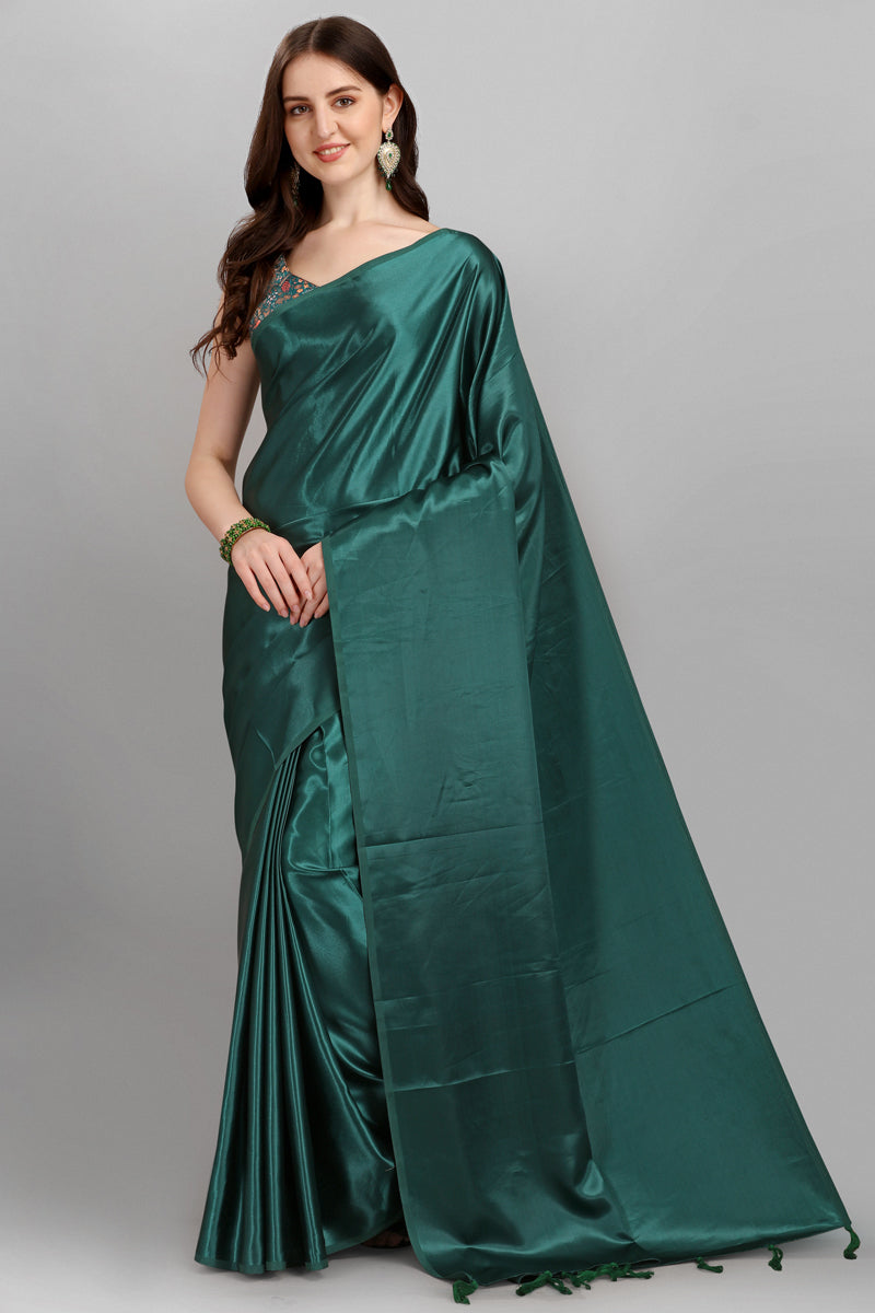 Soft Satin Silk Function Wear Plain Tassels Saree In Dark Green Color