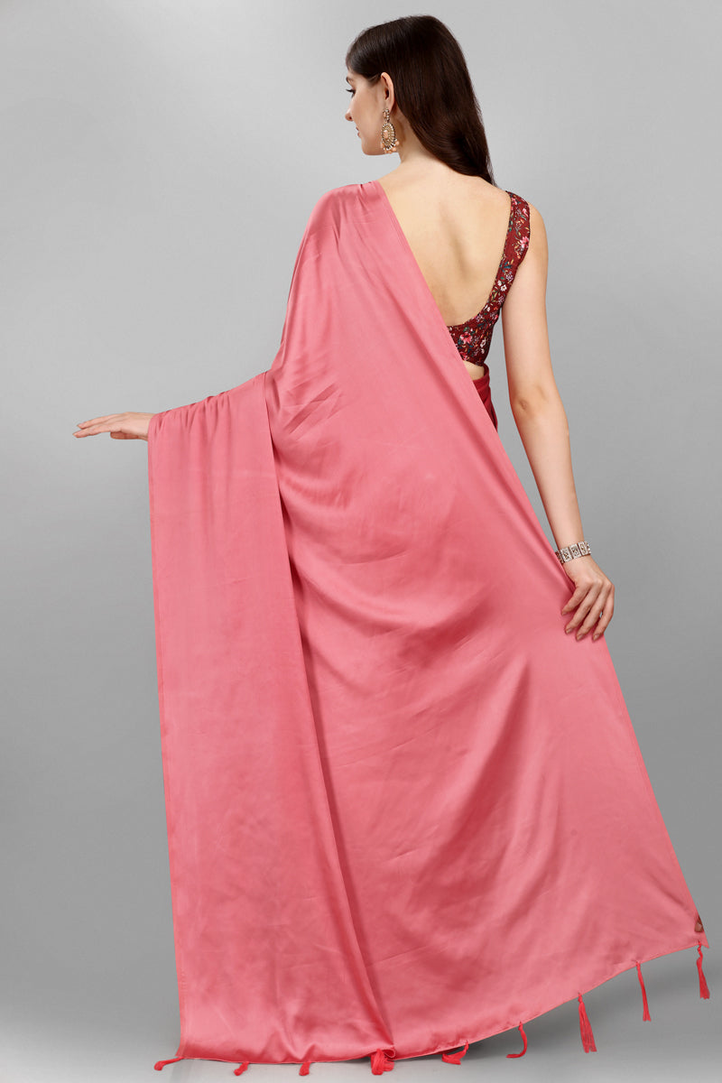 Function Wear Plain Tassels Saree In Pink Satin Silk Fabric