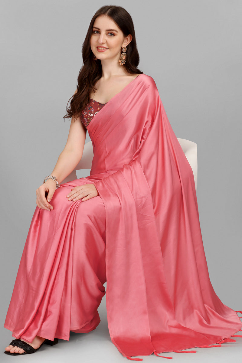 Function Wear Plain Tassels Saree In Pink Satin Silk Fabric