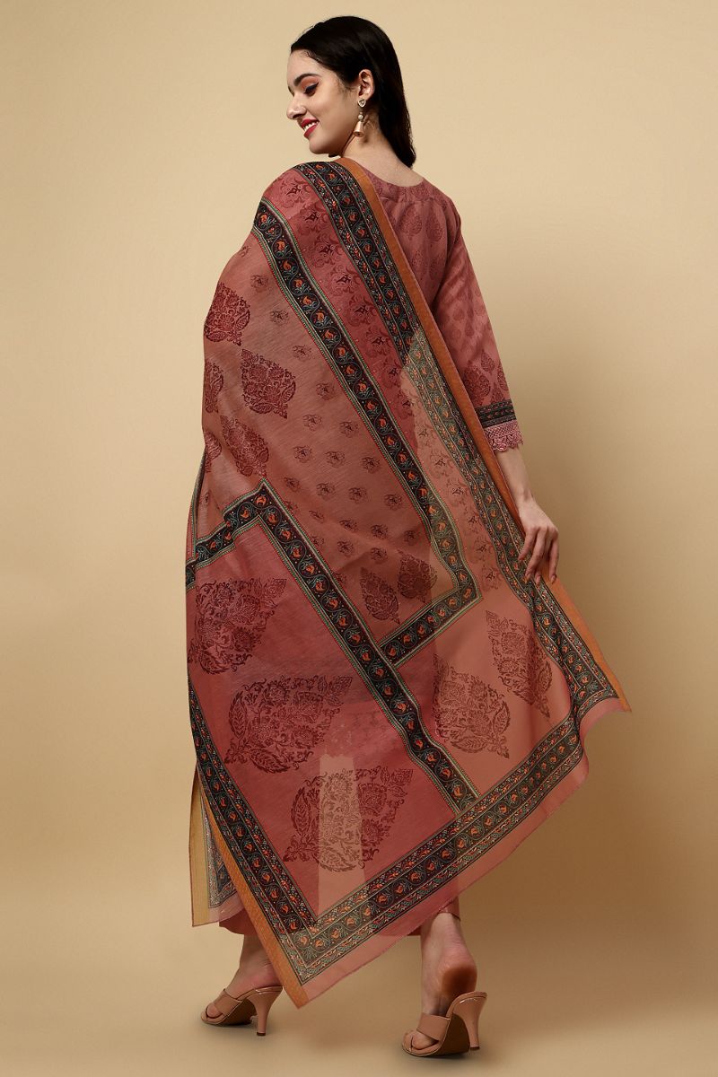 Dark Peach Chanderi Silk Digital Printed Unstitched Salwar Suit