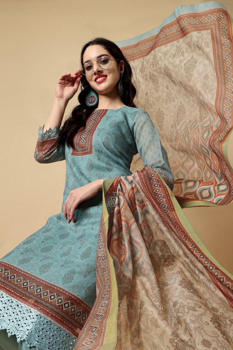 Turquoise Green Chanderi Silk Digital Printed Unstitched Salwar Suit