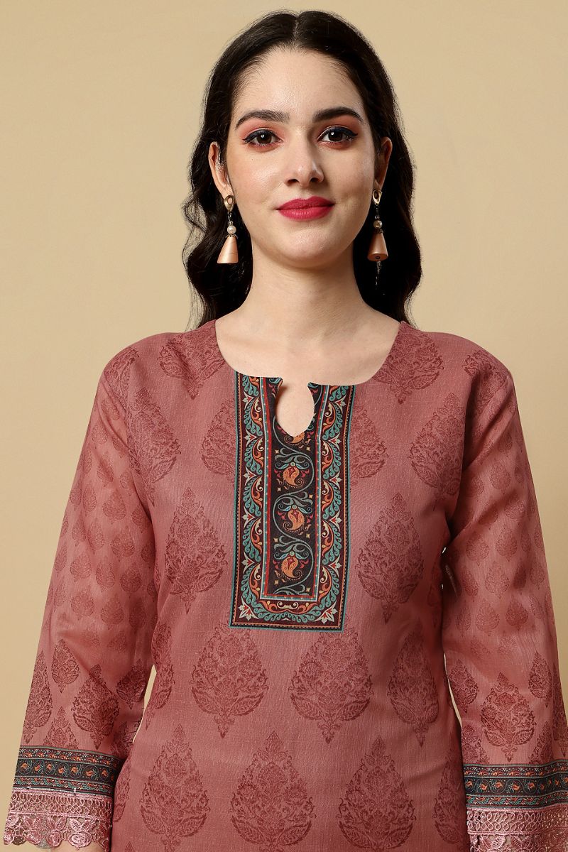 Dark Peach Chanderi Silk Digital Printed Unstitched Salwar Suit