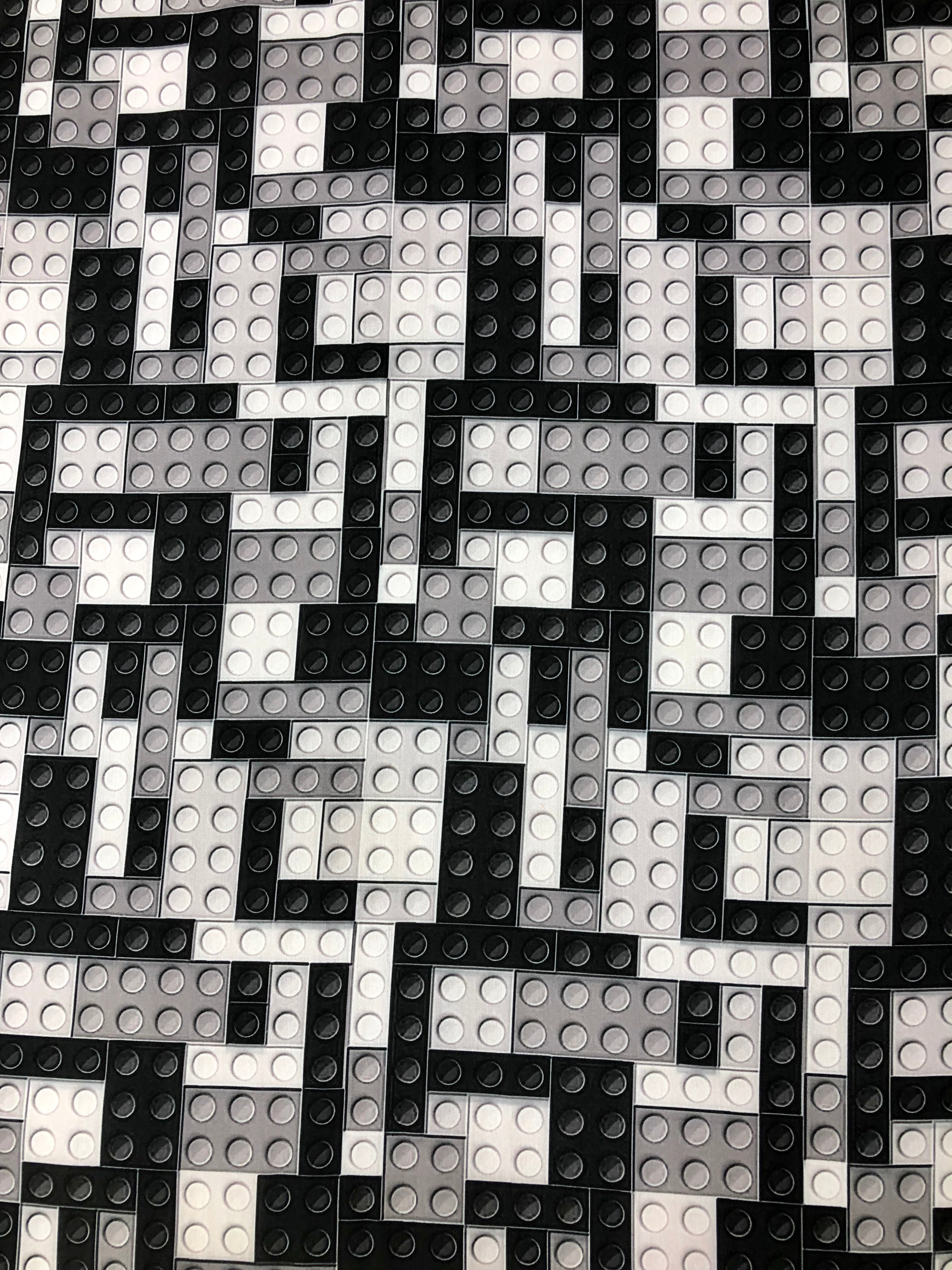 Black and white Lego digital printed Polyester Muslin Fabric